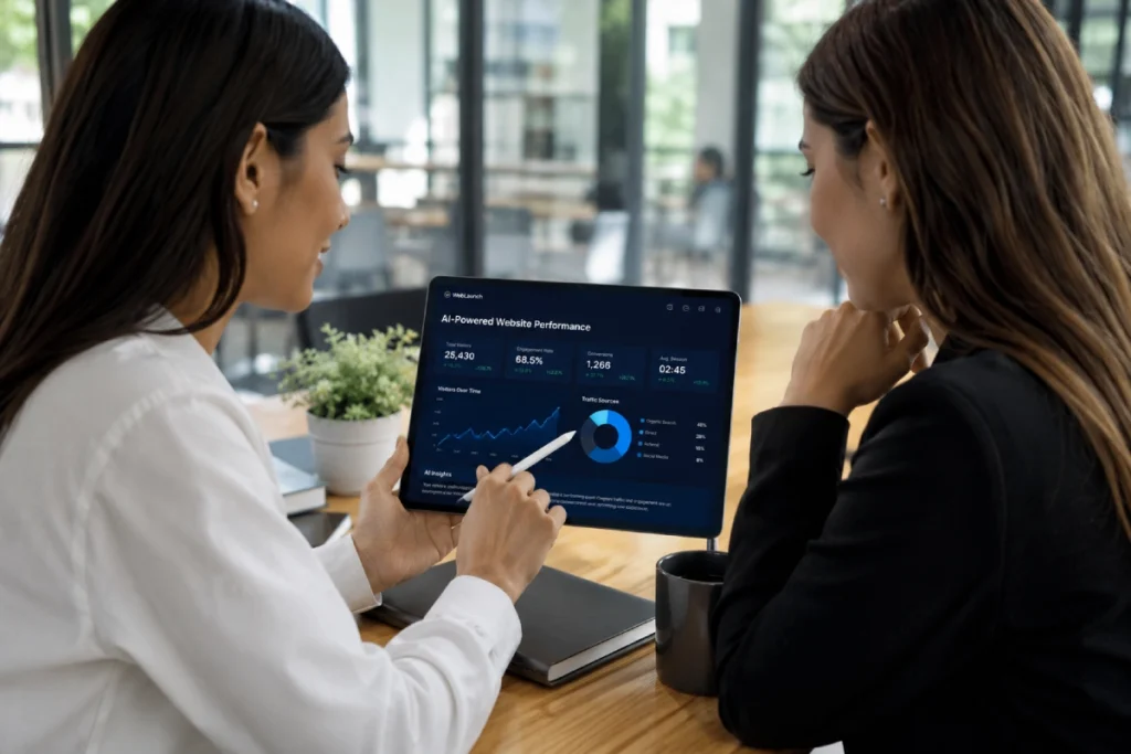 team reviewing AI-powered website performance data on a tablet